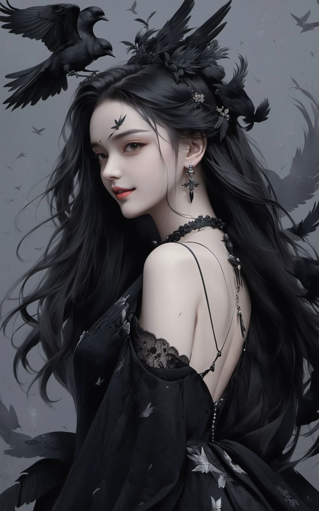 XUER poster art,1girl,solo,long hair,looking at viewer,black hair,hair ornament,dress,jewelry,closed mouth,upper body,earrings,artist name,grey background,black dress,from side,lips,bird,crow,black theme,
<lora:绪儿 海报艺术 XUER poster art:0.8>,(seductive_smile:1.4),