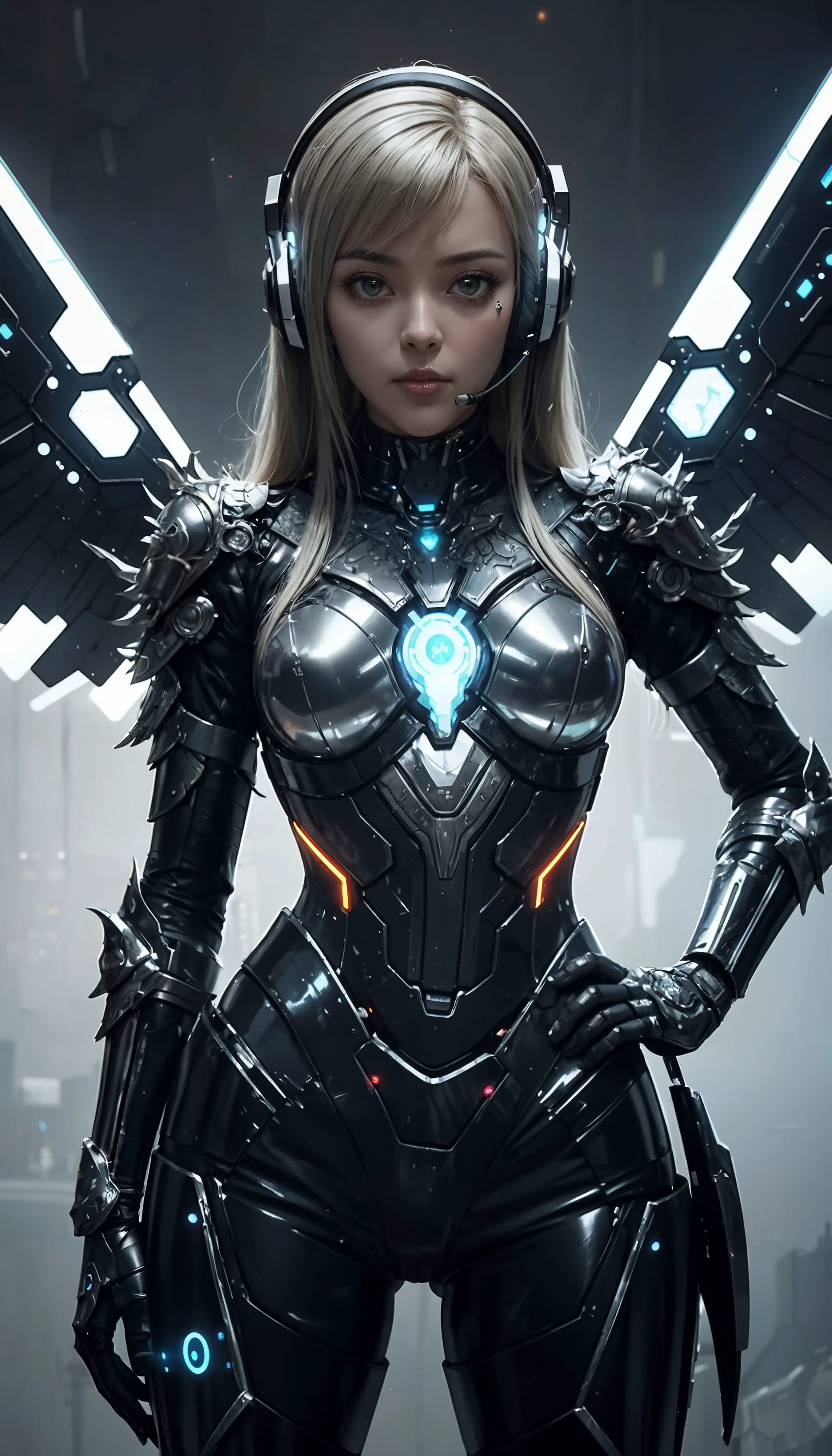 science fiction, 1girl, looking at viewer, hand on hip, pretty face, korean, scifi armor, (geometric:1.1), headset, shoulderpads, breastplate, wings, joints, chrome, latex, glowing circuits, angluar shapes, ornate, intricate, cyberpunk, empty background, 8k high detail, (masterpiece:1.2), (best quality:1.1), high quality