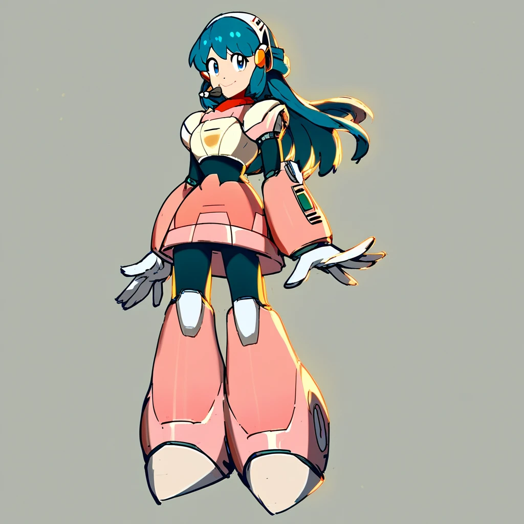 score_9, score_8_up, score_7_up, score_6_up, score_5_up, score_4_up, reploid, android, gloves, white gloves, armor, bodysuit, robot ears, headset, 1girl, dawn_(pokemon), pokemon, solo, full body, standing, smile, blue hair, blue eyes,