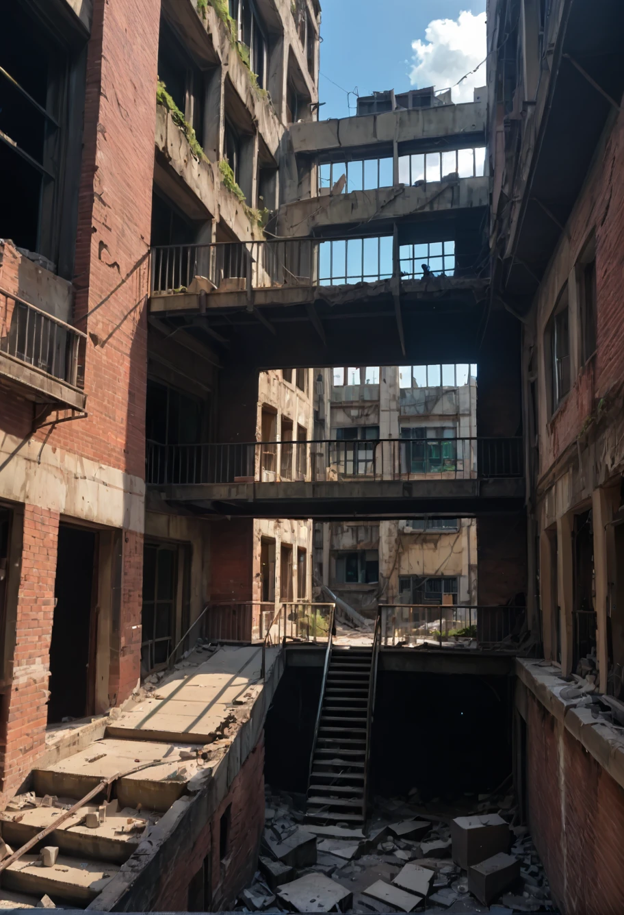 score_9,score_8_up,score_7_up,8k,hd,,ruanyi0678,brick wall,broken window,crack,overgrown,railing,rubble,ruins,stairs,no humans,<lora:0678 abandoned factory_v1_pony:1>