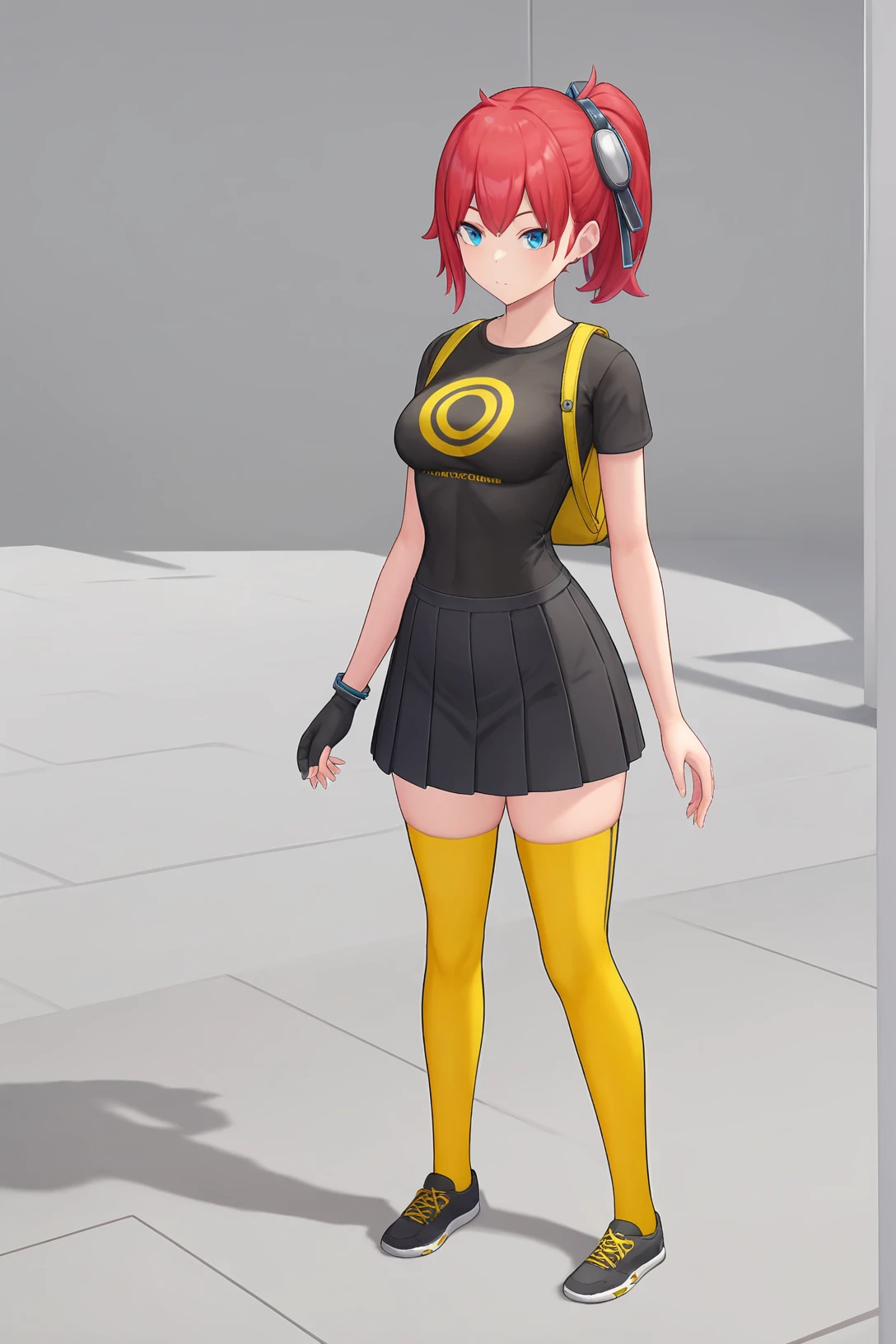 black shirt black skirt yellow thighhighs single glove backpack, dsc-ami, hair ornament, 1girl, solo, narrow waist, masterpiece, absurdres, high quality,highres, best quality, (full body:1.20), recent <lora:dsc-ami-V01-000003:0.5>