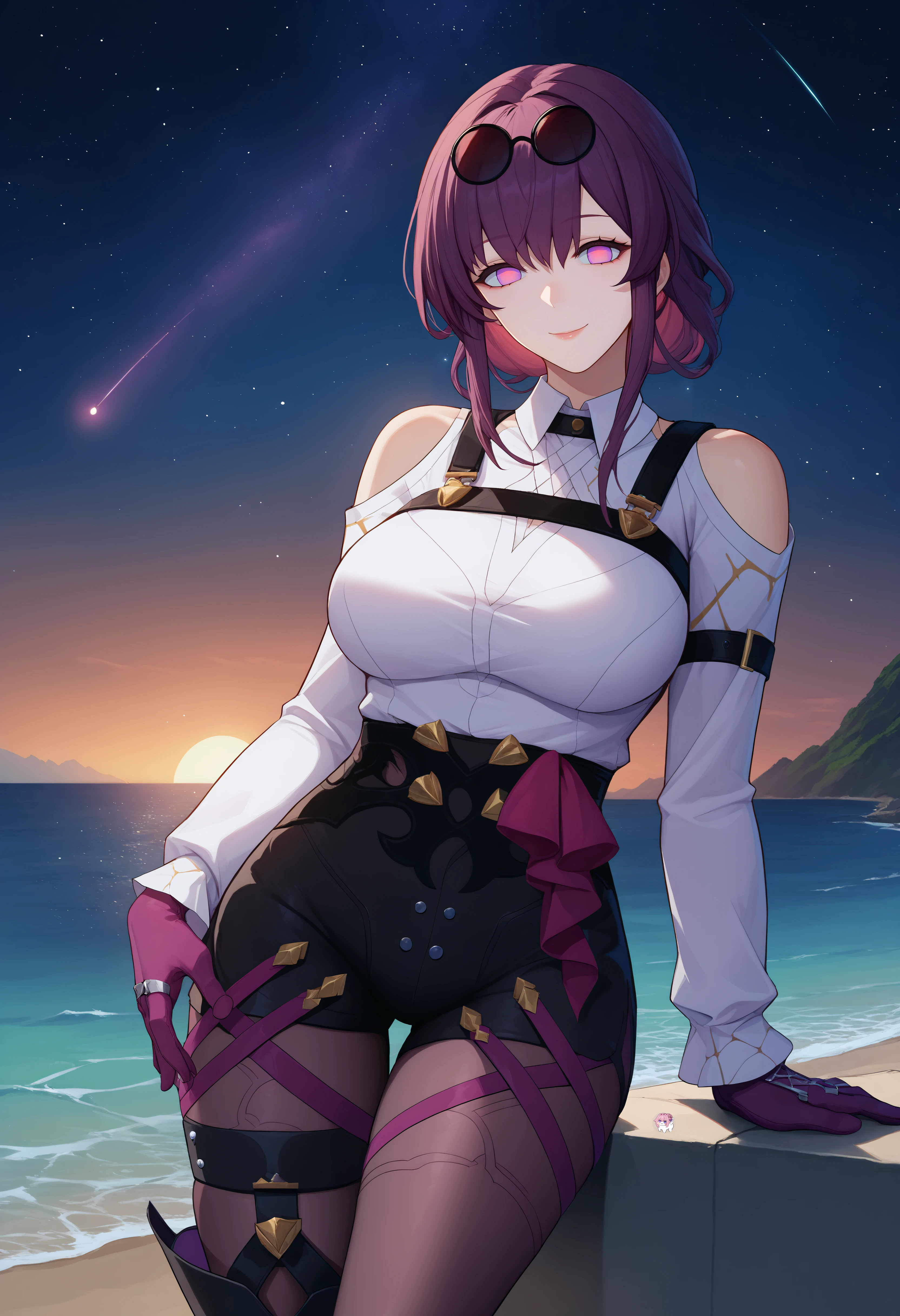 <lora:kafka_hsr_xypher_pdxl_v1:0.9> score_9, score_8_up, score_7_up BREAK source_anime, kafka, no pupils, smile, eyewear on head, collared shirt, shoulder cutout, chest harness, purple gloves, high-waist shorts, pantyhose under shorts, long sleeves, asymmetrical footwear, single thigh boot, leg belt, black boots, scenery, starry sky, ocean