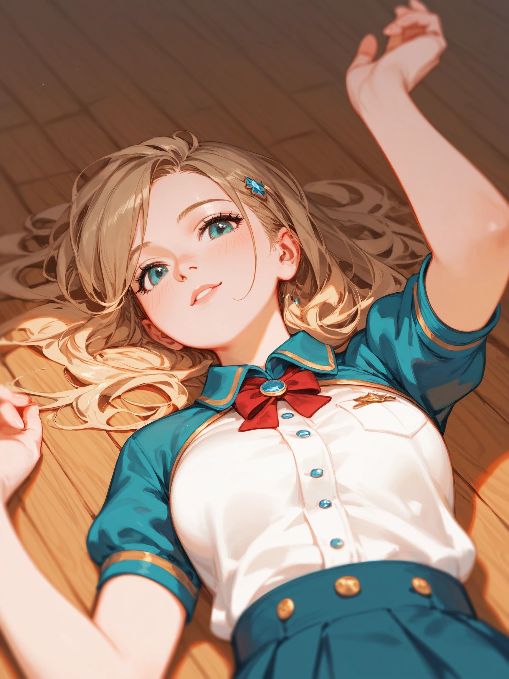 score_9, score_8_up, score_7_up, masterpiece, best quality, portrait photo of a girl, rested her chin on her hand, cheer leader, wood floor, (lying aside on the floor, posing to viewer), (low angle/from below),
<lora:ponyRealistic_v1-rev3_rank16:-0.5>