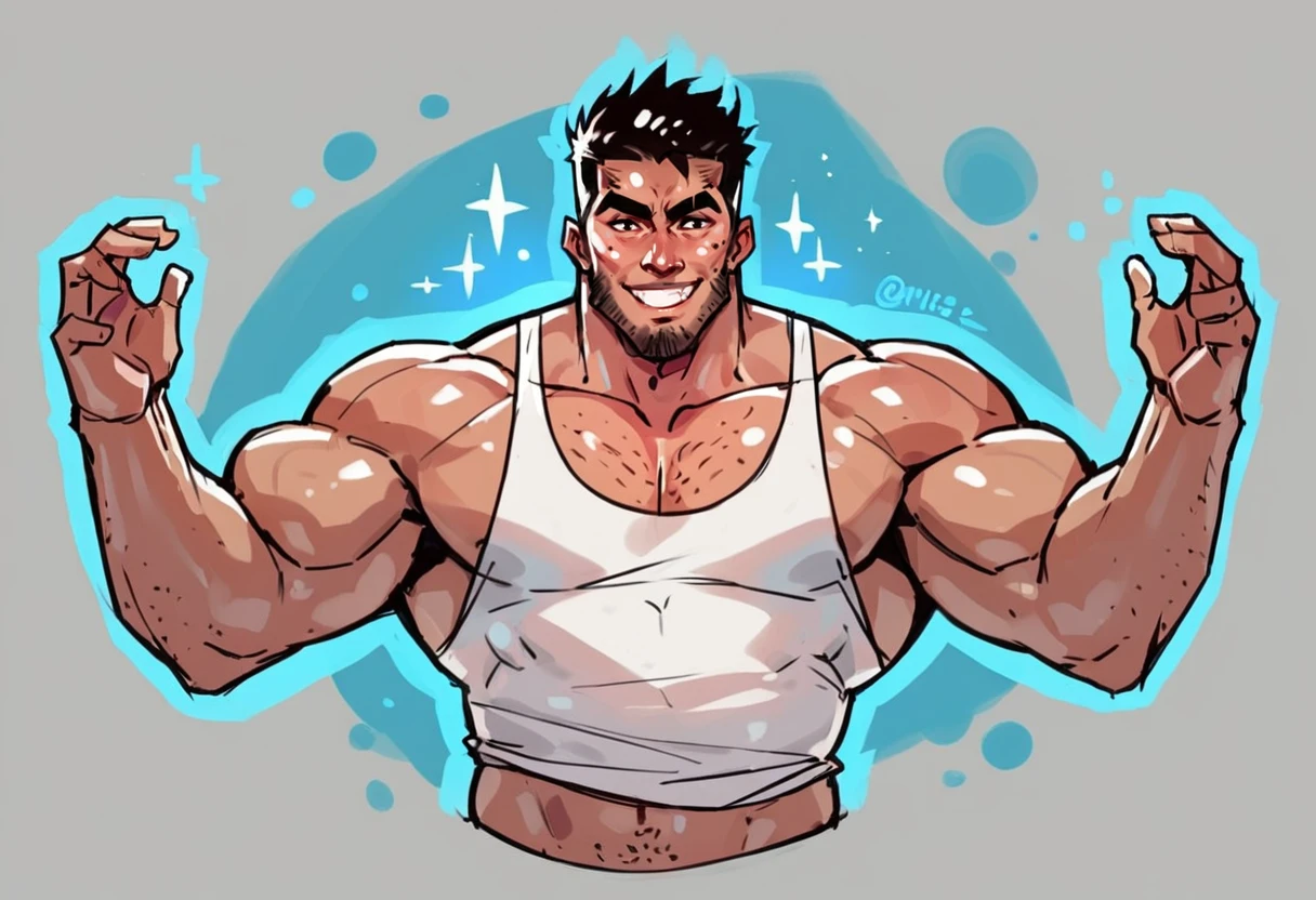 1boy bara beard_stubble beckoning black_tank_top evil_smile facial_hair full_body genderswap genderswap_(ftm) glowing large_pectorals looking_at_viewer male_focus mature_male merman monster_boy muscular muscular_male octopus_boy outstretched_arms pectoral_cleavage pectorals seductive_smile smile solo sparse_chest_hair spiked_hair spread_arms stubble tank_top thick_arms thick_eyebrows tsurime underwater v-taper, <lora:magicmoonsarts-20:0.8>, score_9, score_8_up, score_7_up