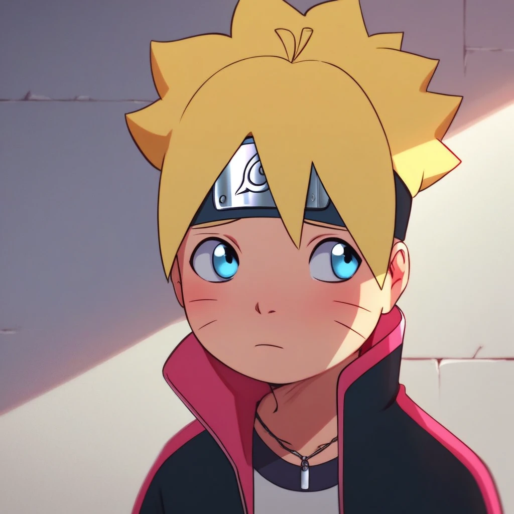 score_8, score_9, male child, boruto, blond hair, blue eyes, open jacket, forehead protector, blush, shy, looking away