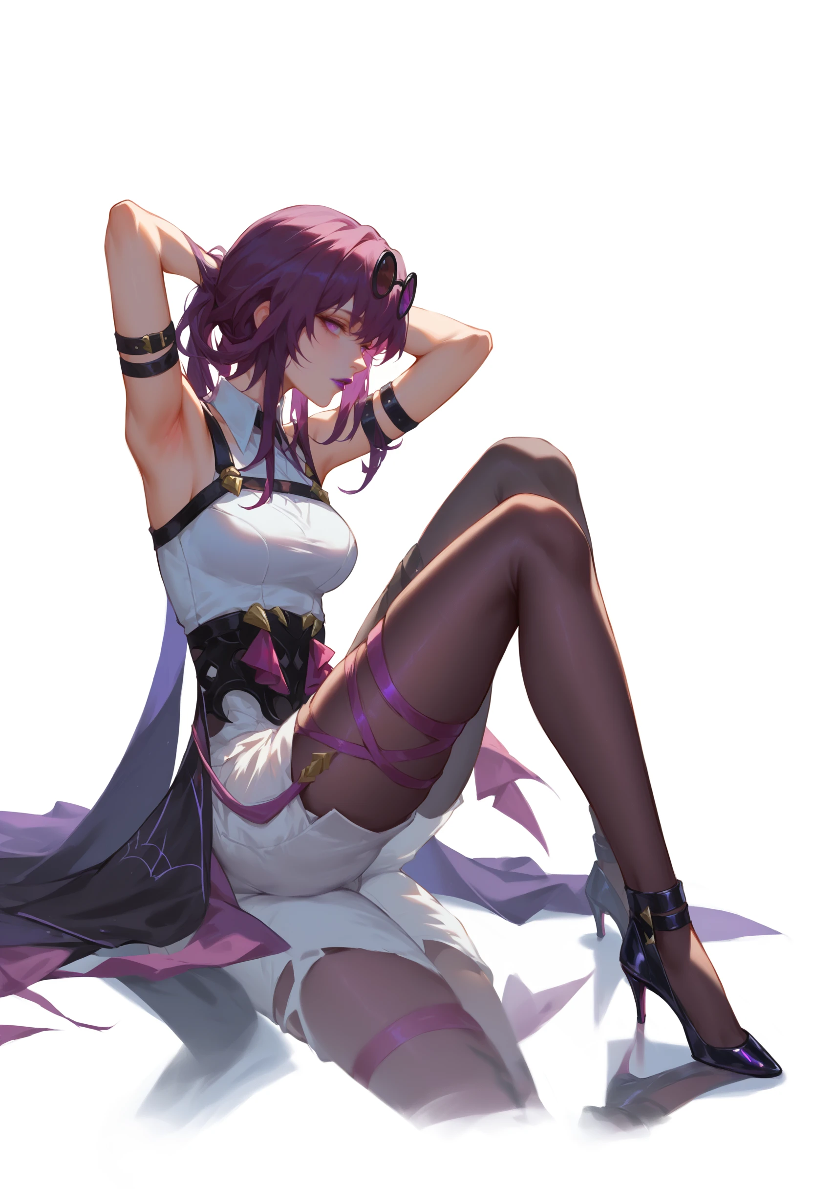 score_9, score_8_up, score_7_up, source_anime, <lora:wrenchsmommykafka:1>, mommykafka, eyewear on head, purple lipstick, 
ankle strap, arm strap, arm support, bare shoulders, black footwear, black gloves, black pantyhose, black shirt, from side, knee up, leg up, (looking at viewer:1.1), outstretched leg, parted lips, plantar flexion, profile, shorts, simple background, sitting, sleeveless shirt, solo, stiletto heels, thighs, white background, white shorts, looking sideways, hands behind head,