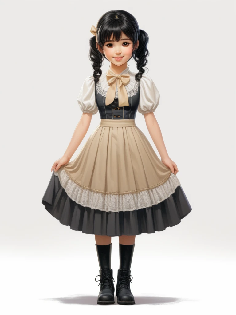 FRESHIDEAS girl 1girl black dress black footwear black hair boots brown eyes clothes lift curtsey dress full body lace lace trim lips looking at viewer nose puffy short sleeves puffy sleeves realistic ribbon short hair short sleeves simple background skirt skirt hold skirt lift smile solo standing swept bangs twintails white background,