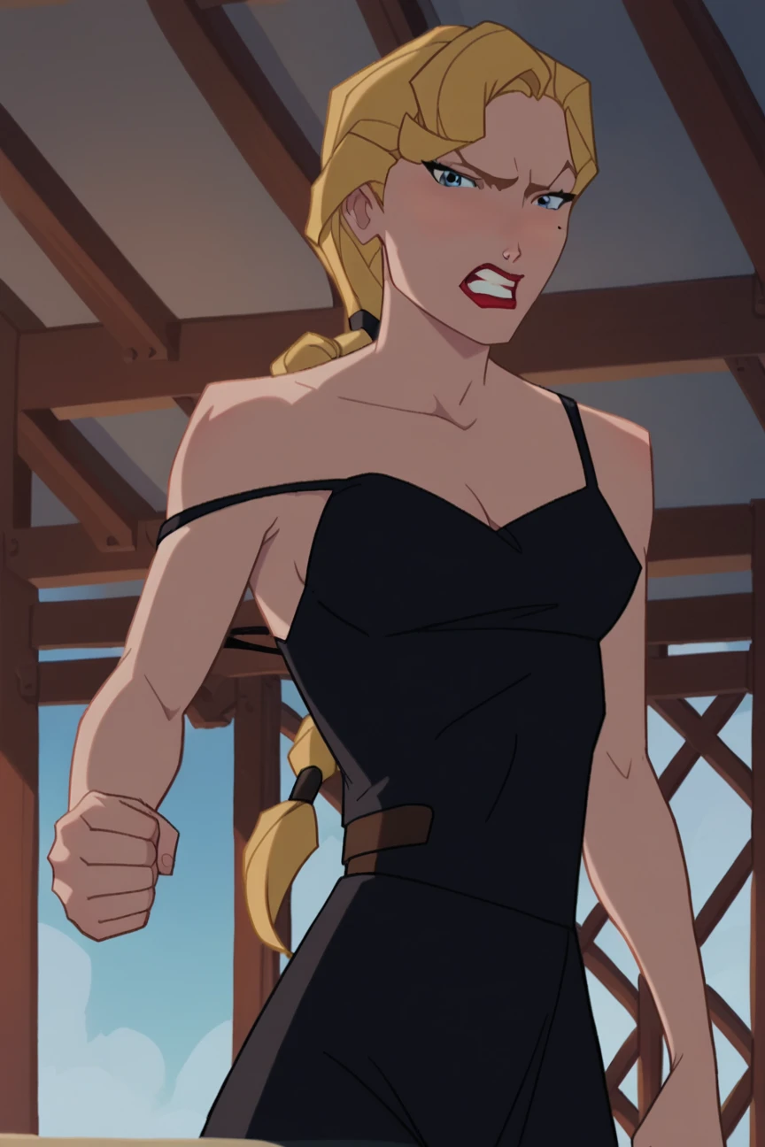 score_9, score_8_up, score_7_up, source_cartoon, <lora:ATlantis:0.9>,helga sinclair, blonde hair, blue eyes, mole, mole under eye, long hair, red lips, lipstick, braid, makeup, medium breasts,black dress, strap slip, cleavage open, angry, clenched teeth, clenched hand, standing, looking ar viewer, indoors, from below, close up, solo, best quality, high quality, 2d, cartoon