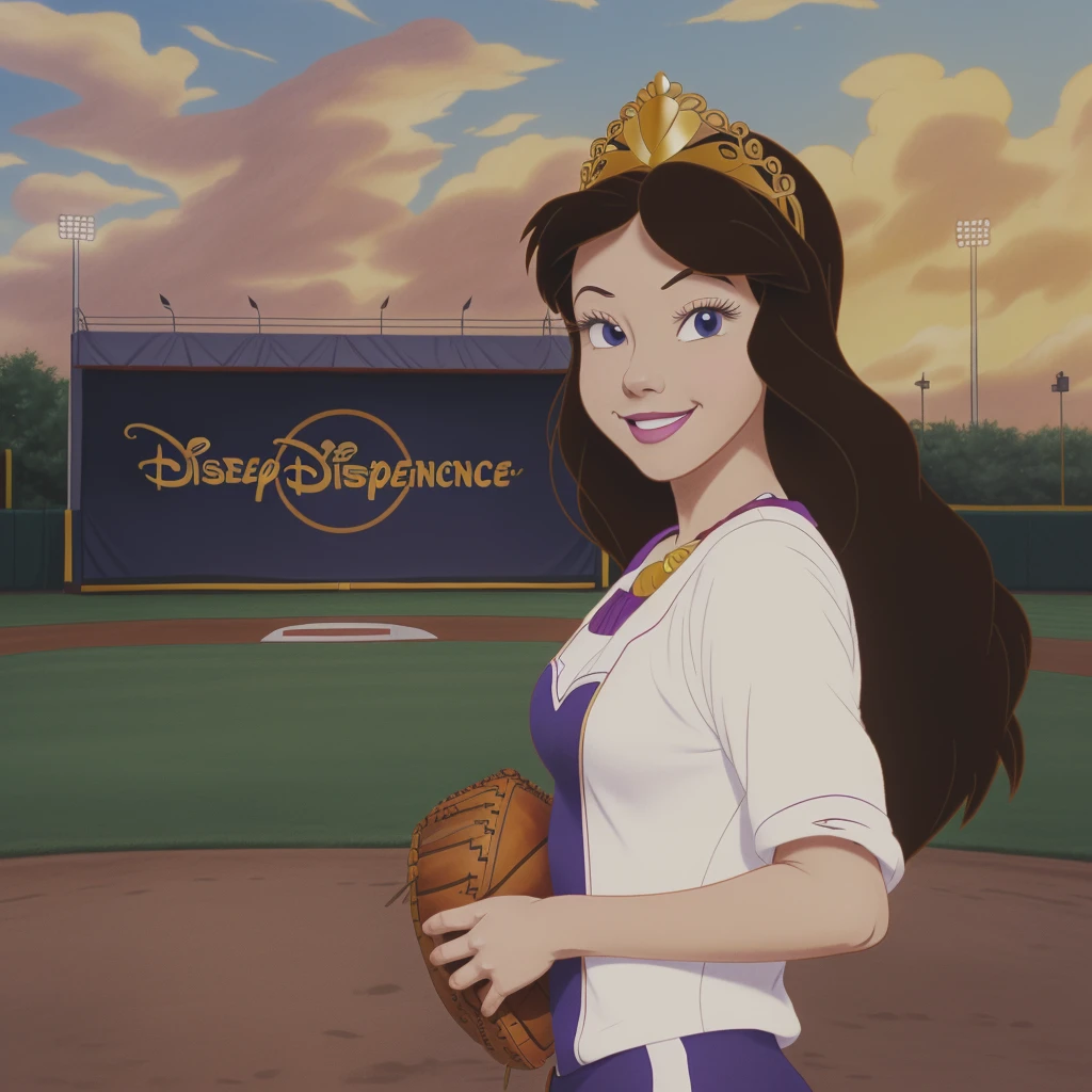 <lora:Vanessa-V1:0.8> Va79ssa,(disney style drawing with dark lines),1girl, woman,clothed, tiara, smirk,purple eyes, red cheerleader outfit, pompoms
<lora:DisneyRenV2:0.1> disneyrenaissance style , (gold shell necklace:0.85)
sunny day, baseball field