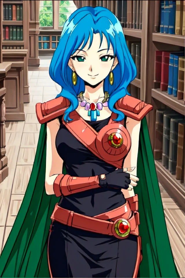 1 girl, indoors, library, standing, smile, pov, looking at viewer,
 <lora:Thousand_Arms_-_Metalia:0.65> tametalia, blue hair, long hair, wavy hair, necklace, earrings, blue eyes
shoulder guard, bare arms, black tank top, green cape, fingerless gloves,