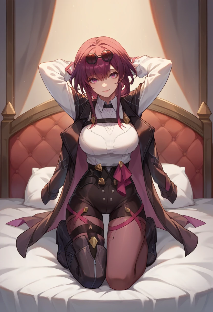 score_9, score_8_up, score_7_up, source_anime, <lora:wrenchsmommykafka:1>, mommykafka, eyewear on head, long sleeves, pantyhose, jacket, boots, shorts, single thighhigh, thigh boots, gloves, light smile, bed, hands behind head, seiza, kneeling, front view,