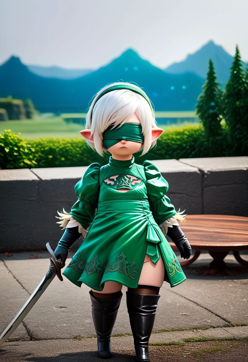 no2 type b dress, Lalatater, lalafell, chibi, puntable, 1girl, solo, dress, thighhighs, photo background, boots, blindfold, white hair, outdoors, short hair, cosplay, hairband, green blindfold, weapon, hat, puffy sleeves, green dress, green headwear, standing, facing viewer, thigh boots, full body, gloves, armor, sword, BREAK PonyXLV6_Scores