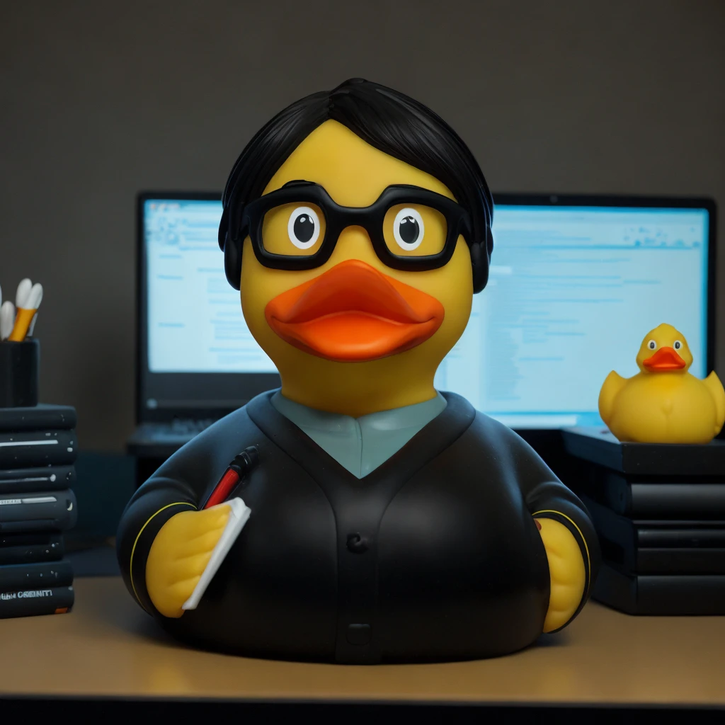 (rubberduck), programmer, in front of desk, right, cinematic lighting <lora:rubberduck-000019:1>