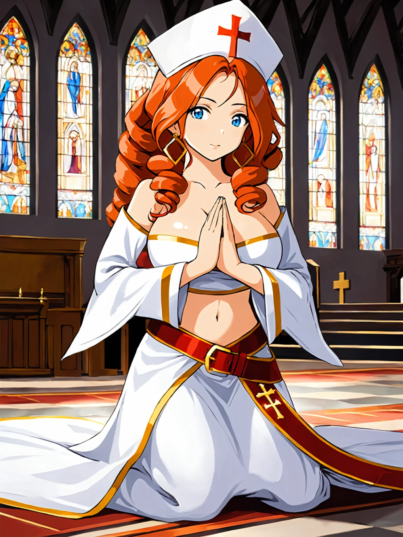 masterpiece, best quality,
<lora:natalie.sdxl.v1:0.7>
natalie, large breasts, whitecross outfit, long dress, red belt, midriff, wide sleeves, white dress, cross, full body, bare shoulders,v-neck,navel, priest hat, curly hair, frills, cleric hat, looking at viewer, [blue eyes:0.25], church, indoors, kneeling, praying, hands held in prayer
1girl,solo,
[blue eyes:0.2],