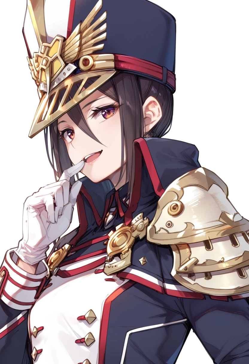 (score_9:0.9),score_8_up,score_7_up,anime style,rating_safe,(zPDXL),<lora:XB2 brighid and morag ponyXL v2:0.88>, morag_xb2, blue military uniform, blue military hat, 1girl, solo, simple background, reverse trap, smile, looking at viewer, pauldrons, white background, white gloves, upper body, open mouth, adjusting hat