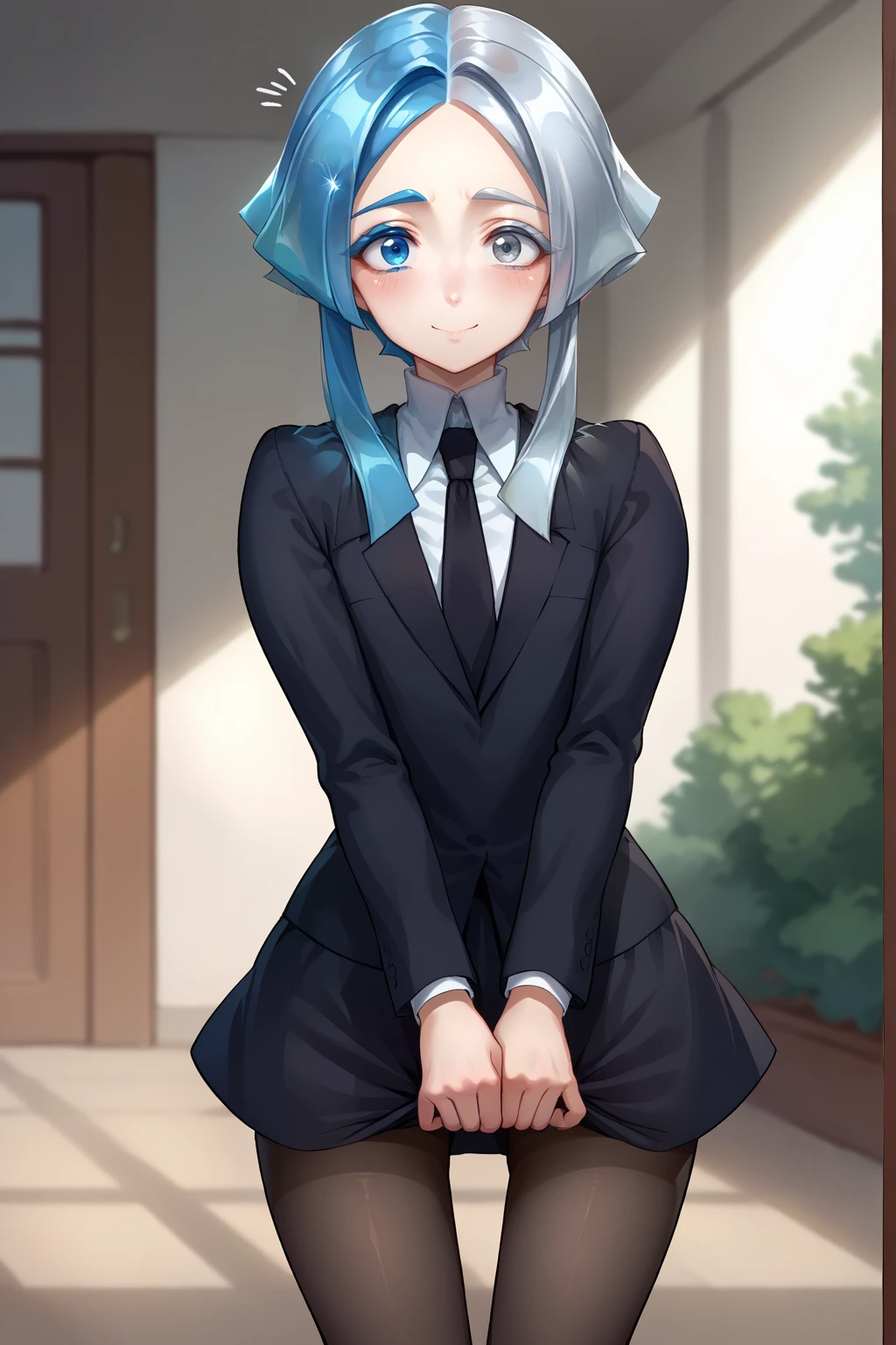 score_9, score_8_up, score_7_up, source_anime, cowboy shot, looking at viewer, smile, embarassed, hskecls, white skin, colored eyelashes, heterochromia, blue eyes, grey eyes, split-color hair, blue hair, silver hair, crystal hair, short hair with long locks, black blazer, collared shirt, black necktie, skirt, black pantyhose, <lora:Hoseki_HousekiNoKuni_Euclase_PDXL_v1:1>