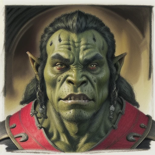 imcc style, orc, warrior, portrait, focus on face, fantasy, color pencil drawing, <lora:Iain_McCaig_style:1>