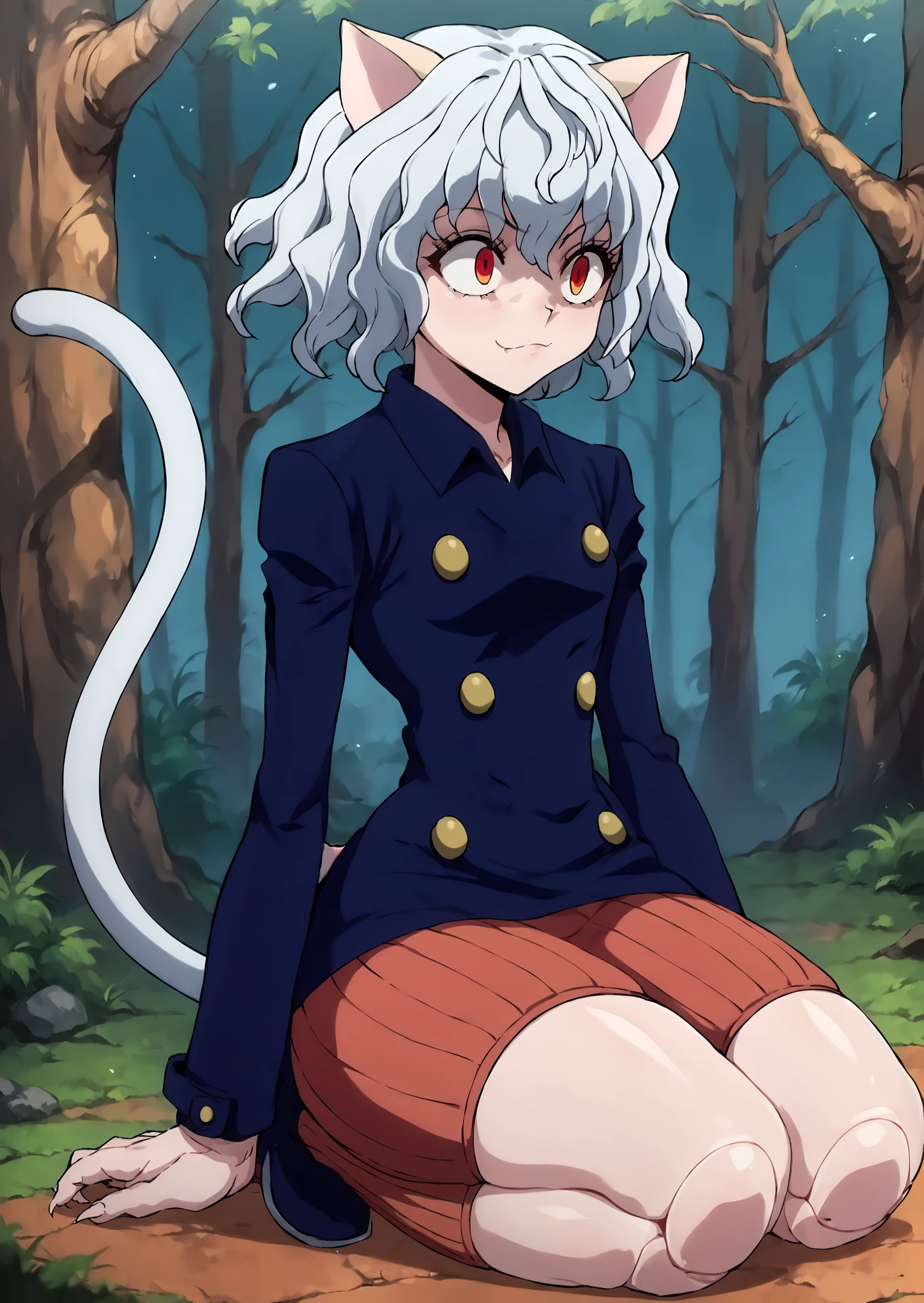 score_9, score_8_up, score_7_up, score_6_up, score_5_up, score_4_up, 2d, anime, anime artstyle, simple shadows, flat coloring, flat shadows, thick lines, hxhpitou <lora:Neferpitou_HxH_-_2011_anime_accurate_style:1.2>, 1girl, cat ears, cat tail, red eyes, thick thighs, wide hips, curvy, (panties), doll joints, on knees, (bare legs, bottomless), outdoors, forest background, underwear, briefs BREAK source_anime