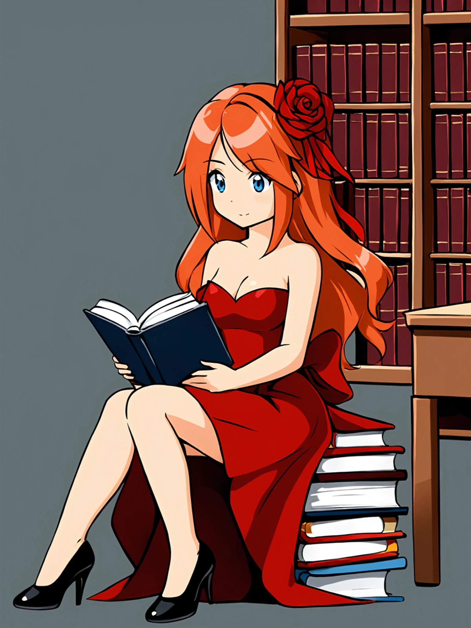 masterpiece, best quality,
<lora:natalie.sdxl.v1:0.5>
natalie,  redress outfit, red dress, bare shoulders, grey background, simple background, black footwear
sitting, library, reading book,
hair ornament, red ribbon, red rose, long hair,
1girl,solo,
[blue eyes:0.2],