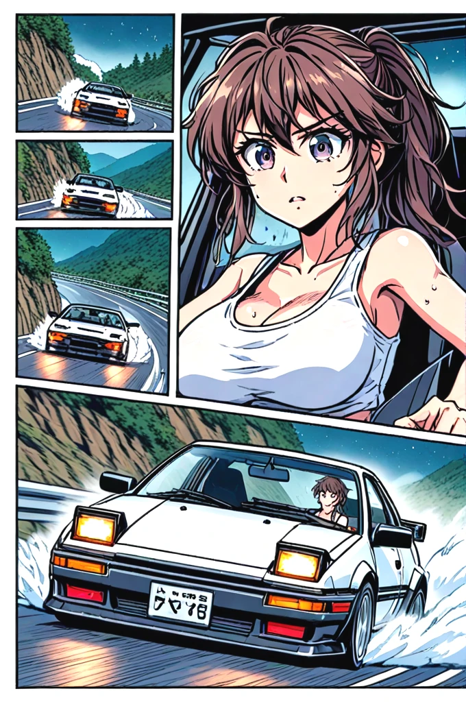 source_anime, score_9, score_8_up, score_7_up, comic, manga, drifting style, solo focus, upper body, 1girl, tank top, big tits, AE 86, Initial D, seatbelt, motion lines, motion blur, driving, sports car, reflection, dust, wind, downhill, slope road, mountain road, wet, fog, tree, cliff, night, starry sky, <lora:50pics_driftingstyle_pony:0.9>