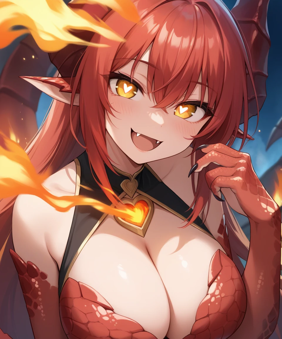 Masterpiece: 1.3, 1 girl ((25 years old, she is naked And without clothes, huge breasts, long korean red hair With orange ends, beautiful face, perfect model body, big dragon horns, bright red eyes: 1.4, cute smile looking at the girl: 1.2, big red fire in the background at night: 1.1, beautiful and energetic atmosphere: 1.2)