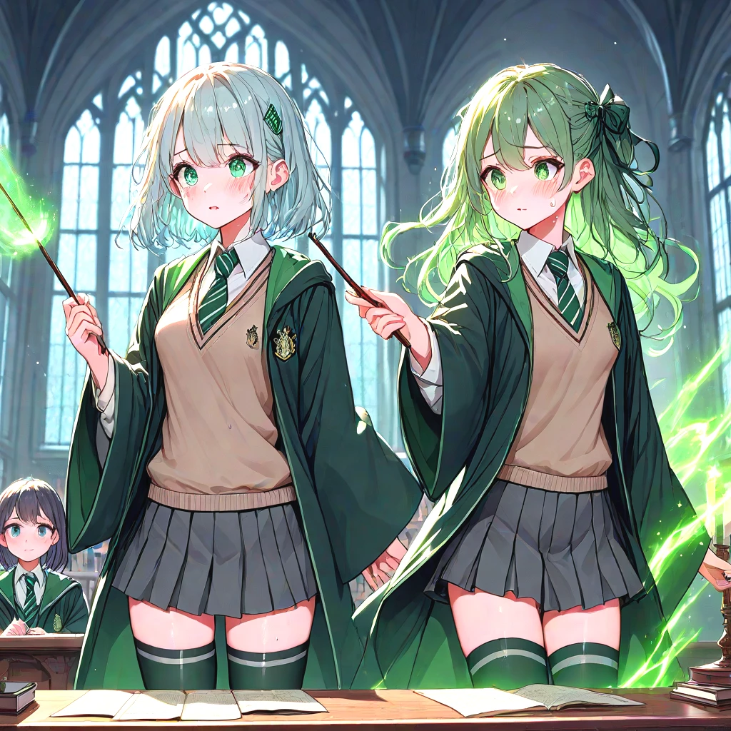 score_9, score_8_up, 2girls, slytherin, avada kedavra, green light, holding wand, magic, wide sleeves, striped necktie, sweater, pleated skirt, thighhighs, robe, wind, table, window, hogwarts school uniform, cute, medium tits, sweat, shy, blush, parted lips, <lora:girllikeslytherin_pony05:0.8>