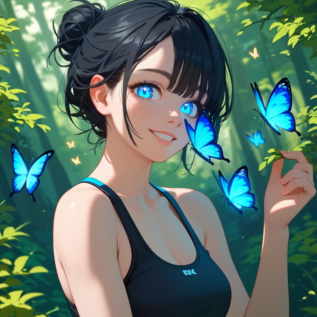 score_9, score_8_up, score_7_up, PDXL, <lora:ProfPic-000001:1>, pr0fpic, portrait, 
1girl, cute face, detailed eyes, blue glowing eyes, black hair, looking at the viewer, smiling, forest and butterflies in the background, black sports bra