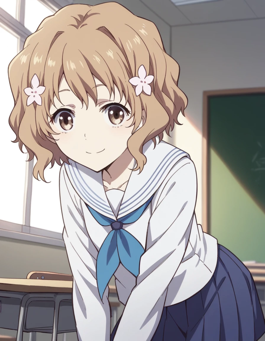 score_9, score_8_up, score_7_up, source_anime,
ohanamatsumae, <lora:ohana-matsumae-s1-ponyxl-lora-nochekaiser:1>,
ohana matsumae, short hair, brown hair, hair ornament, brown eyes, flower, hair flower,
skirt, school uniform, serafuku, blue skirt, pleated skirt, neckerchief, blue neckerchief, long sleeves,
indoors, classroom, bent over, smile,
looking at viewer, cowboy shot, solo, dutch angle,