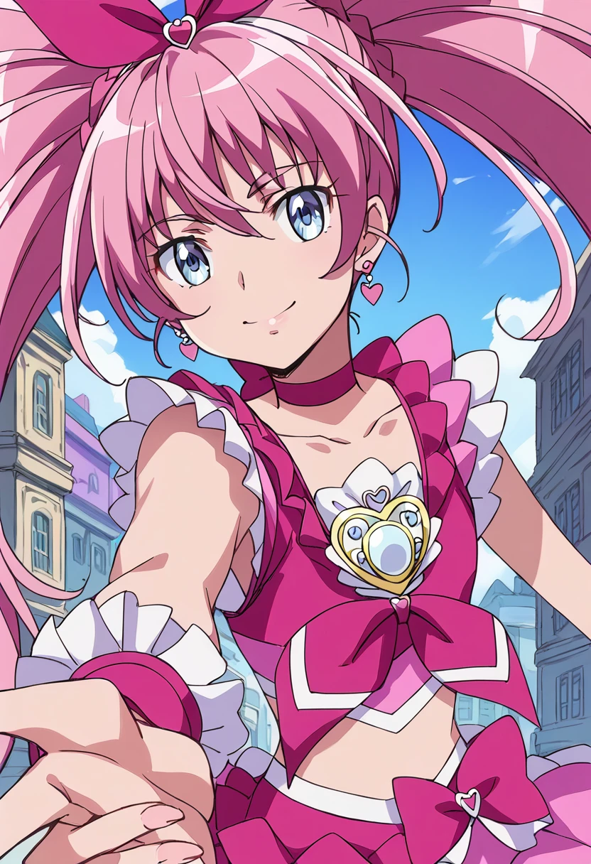 score_9, score_8_up, score_7_up, source_anime BREAK
cure melody, 1girl, pink hair, solo, blue eyes, twintails, jewelry, pink choker, earrings, smile, pink bow, midriff, frills, brooch, wrist cuffs, looking at viewer, eyelashes, pink theme, collarbone, heart earrings, ribbon, pink skirt, very long hair, outstretched hand, foreshortening, anime coloring, eyebrows visible through hair, navel, bangs, purple theme, happy, building, pointing at viewer, upper body, closed mouth, arm warmers, hair ornament, shiny hair, crop top, pink shirt, frilled shirt, frilled sleeves, outstretched arm, reaching
<lora:cure_melody_houjou_hibiki_sdxl_locon_pony_v1:0.7>
