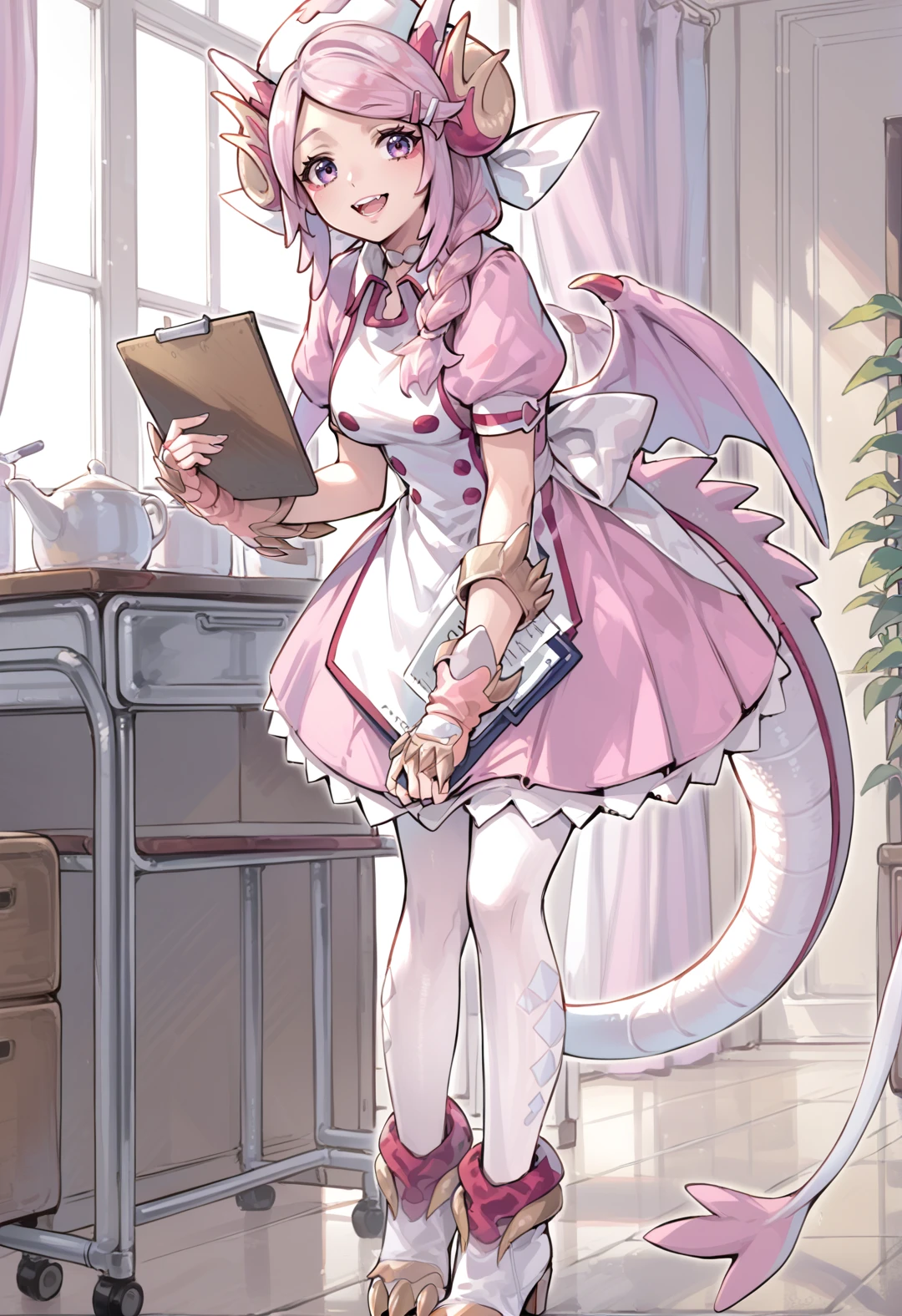 (score_9:0.9),score_8_up,score_7_up,anime style,rating_safe,(zPDXL),<lora:Nurse dragonmaid ponyXL v1:0.73>,nurse cap,nurse dragonmaid,pink wings,nurse dress,pink fingerless gloves,claws boots,1girl,solo,open mouth,clipboard,holding clipboard,full body,looking at viewer,smile,curtains,teeth,white pantyhose,holding,bend over,