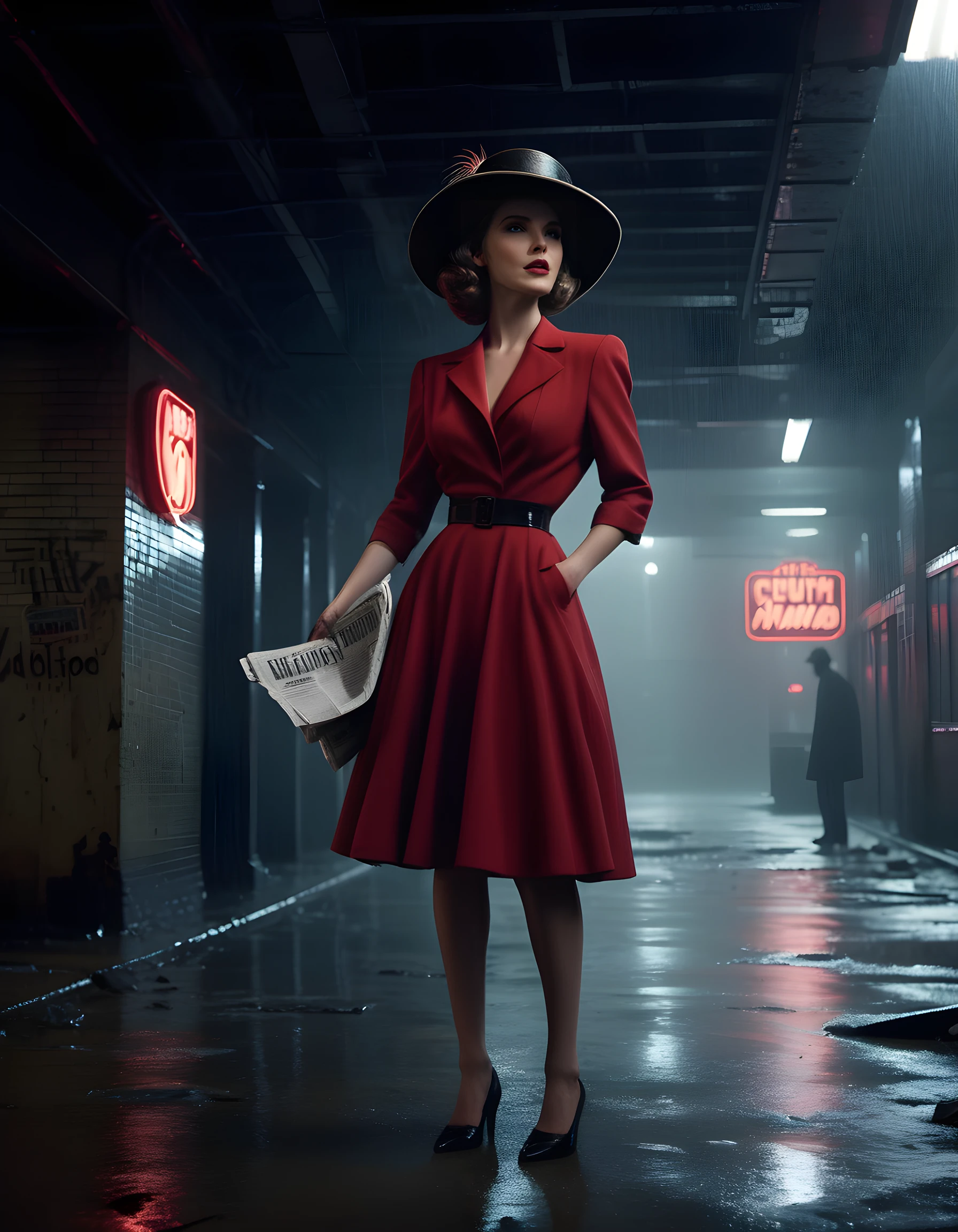 In a dark, moody noir-inspired setting reminiscent of 1940s New York City, Lena stands at the edge of an abandoned subway station, illuminated by the flickering glow of a single, broken neon sign above her. Her eyes, sharp and full of determination, are fixed on the distant horizon as she clutches a tattered newspaper tightly in one hand and wears a striking, elegant red dress with a feathered hat, contrasting the gritty, rundown background. The camera captures this moment from a low angle, emphasizing her strong posture and the power emanating from her, while a heavy, rain-soaked atmosphere envelops them both, suggesting an air of mystery and intrigue.