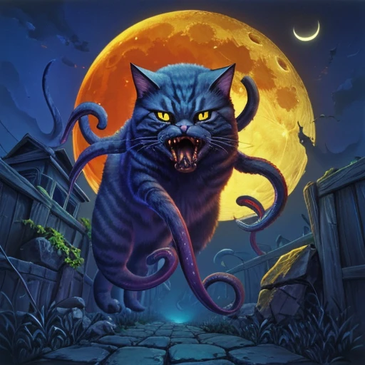 timjacobus, angry monster cat, tentacles, full moon, outside, cartoon, horror theme, <lora:Tim_Jacobus_Style_Goosebumps:1>