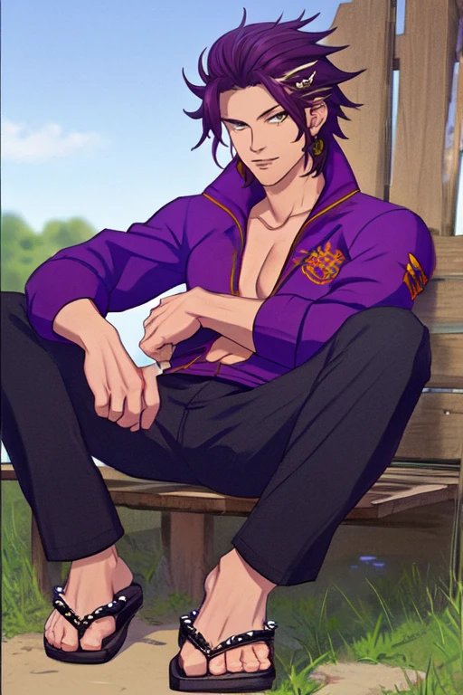 (masterpiece),(best_quality),sitting,spiked flip-flops,Ashuraou,purple jacket,partially unzipped,<lora:Ashuraou:1>,