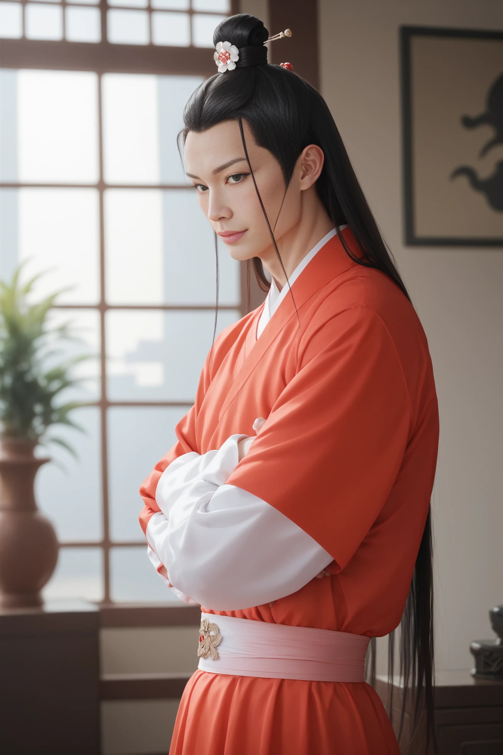 score_9, score_8_up, score_7_up, source_photo, solo, 1boy, standing, light smile, wide hips, from side, red hanfu, gradient dress, toned, crossed arms,  hair bun, pale skin, long hair, black hair, asian, black eyes, blush,  hair ornament, realistic, <lora:ahliponyv1-000001:0.85>