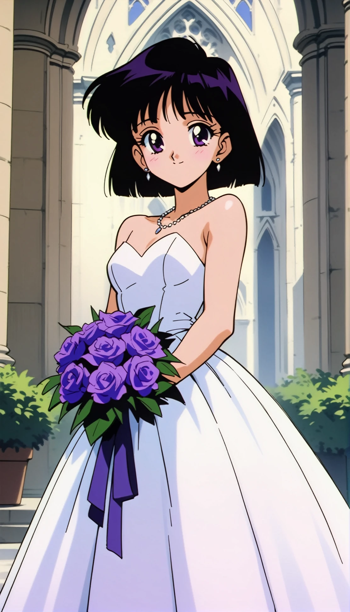 masterpiece,best quality,very aesthetic,absurdres,<lora:Sailor Saturn XL:0.8>,Sailor Saturn XL,1990s \(style\),1girl,solo,short hair,black hair,purple eyes,wedding dress,cathedral,holding bouquet,purple flower,stud earrings,necklace,light smile,cowboy shot,