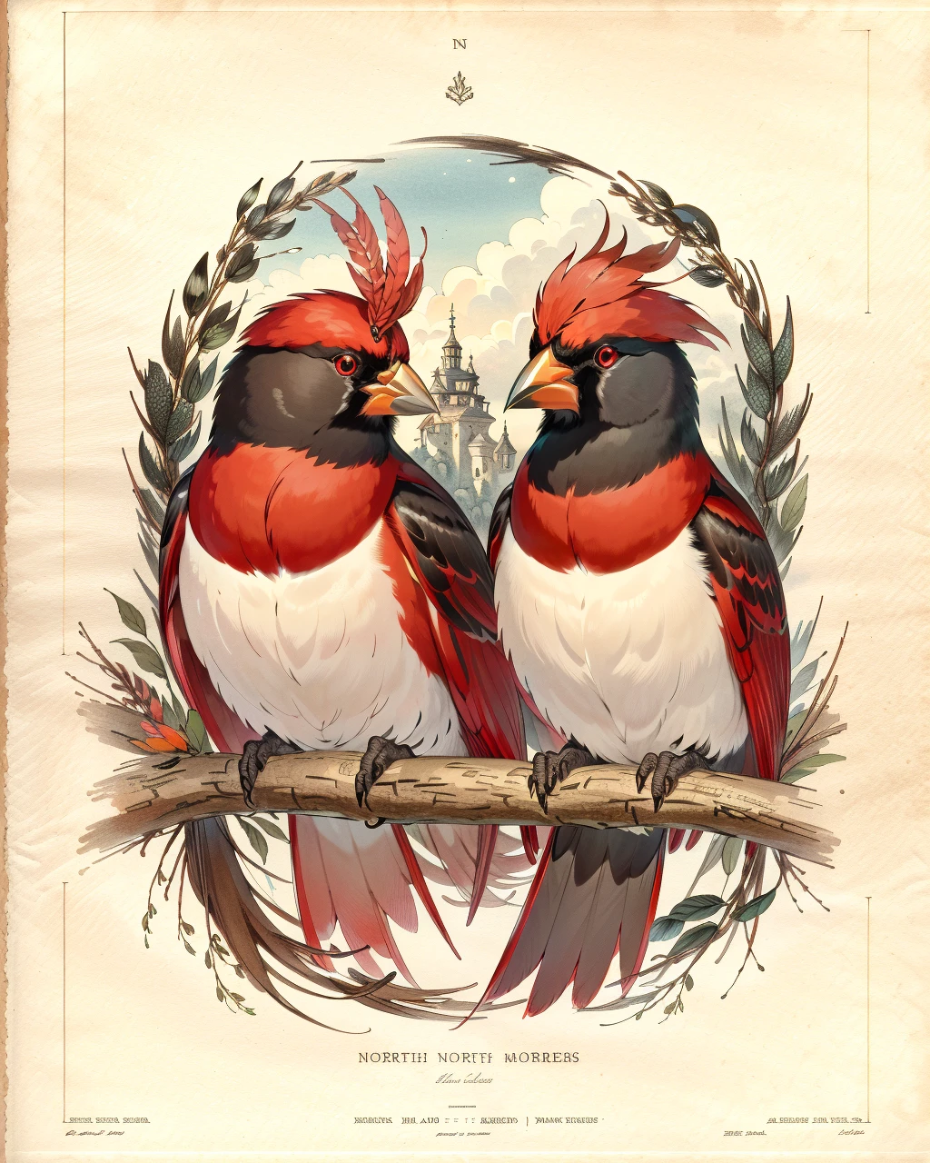 best quality,masterpiece,highly detailed,ultra-detailed, 
 <lora:neg9V2_last:0.7>  lithographic prints of  Northern Cardinal The male has bright red feathers, a crest on its head, and a black mask, while the female has a reddish-brown plumage. and standard flower bloom
 <lora:CJHullmandel:1>  charles joseph hullmandel,   fine art parody,   traditional media,