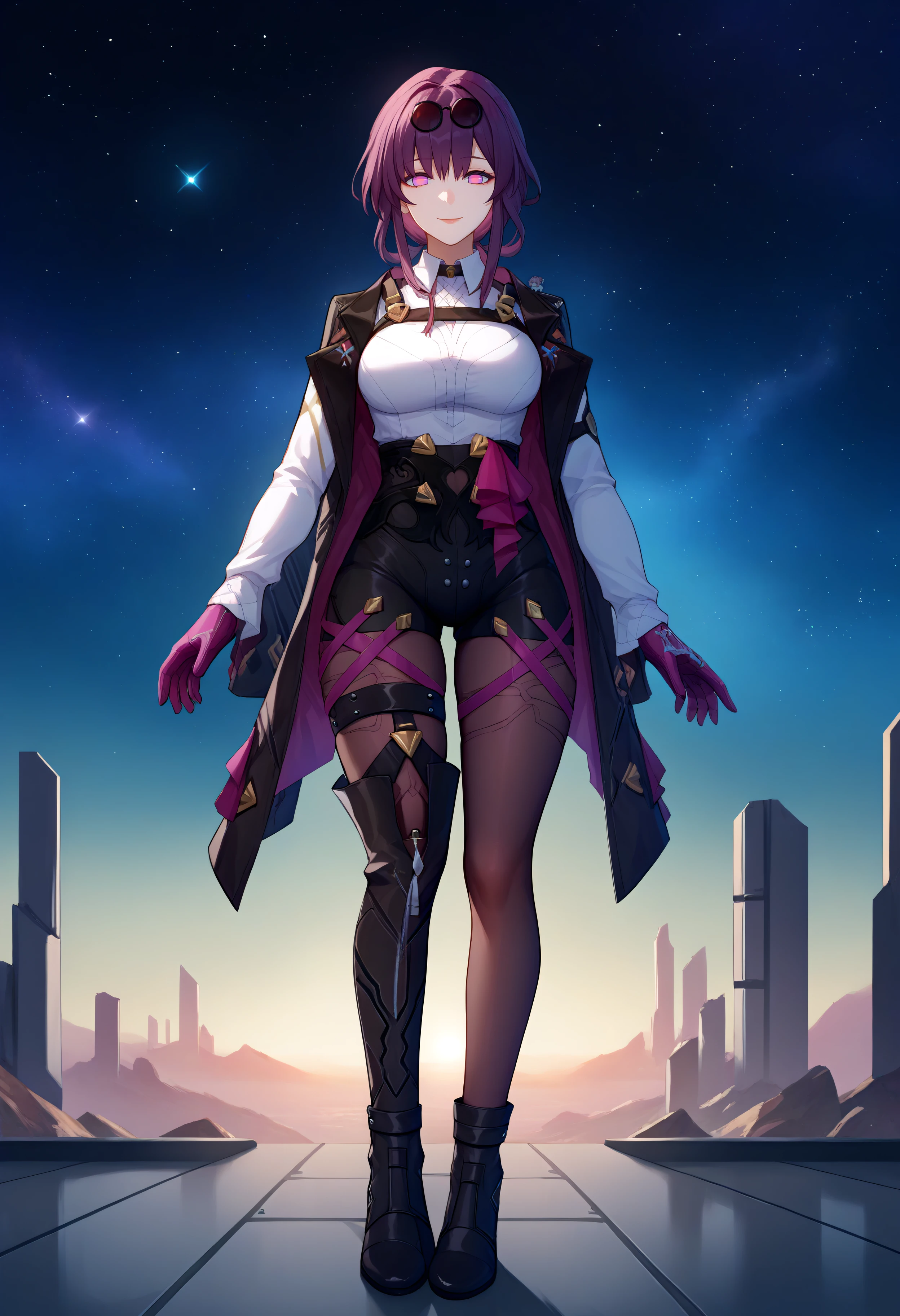 <lora:kafka_hsr_xypher_pdxl_v1:1> score_9, score_8_up, score_7_up BREAK source_anime, kafka, no pupils, eyewear on head, smile, collared shirt, chest harness, jacket on shoulders, purple gloves, high-waist shorts, pantyhose under shorts, long sleeves, thigh strap, single thigh boot, black boots, uneven legwear, science fiction, scenery, starry sky, full body