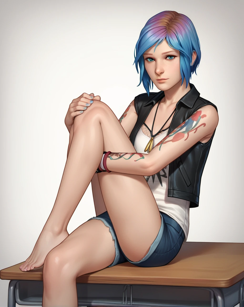 score_9, score_8_up, score_7_up, score_6_up, score_5_up, score_4_up, teen, young adult, young, detailed background, white background, beautiful
BREAK
1girl, chloeprice, necklace, fishnet croptop,  looking at viewer, blue eyes, blue hair, gradient background, sitting on desk, classroom, hugging one leg, black leather shorts
BREAK
 <lora:ChloePricev2:0.8>