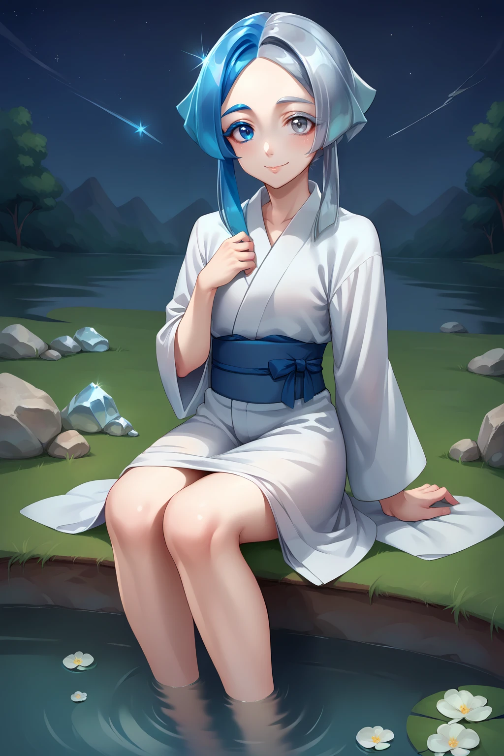 score_9, score_8_up, score_7_up, source_anime, looking at viewer, smile, hskecls, white skin, colored eyelashes, heterochromia, blue eyes, grey eyes, split-color hair, blue hair, silver hair, crystal hair, short hair with long locks, yukata, sash, sitting, outdoors, night, grass, pond, <lora:Hoseki_HousekiNoKuni_Euclase_PDXL_v1:1>