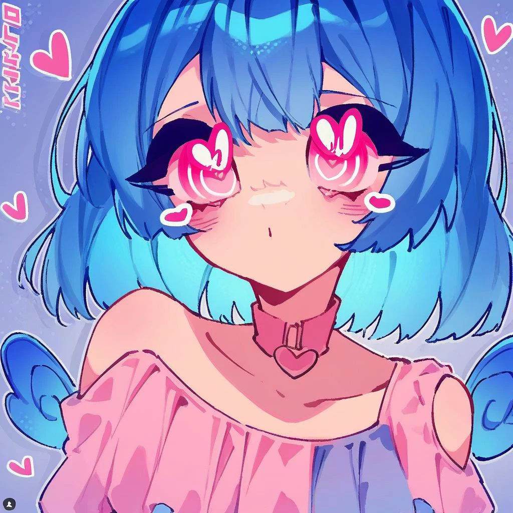 score_9, score_8_up, score_7_up, source_anime, wings, pink eyes, blue hair,two-tone hair, looking at viewer, 1girl, heart-shaped pupils, upper body