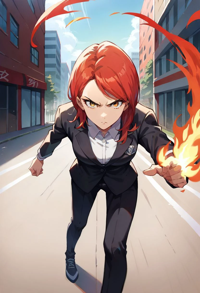 score_9, score_8_up, score_7_up, source_safe, source_anime, alexandra magritte, 1girl, solo, red hair, medium hair, amber eyes, black blazer, white shirt, serious, fighting stance, looking at viewer, pov, fire aura, street, city