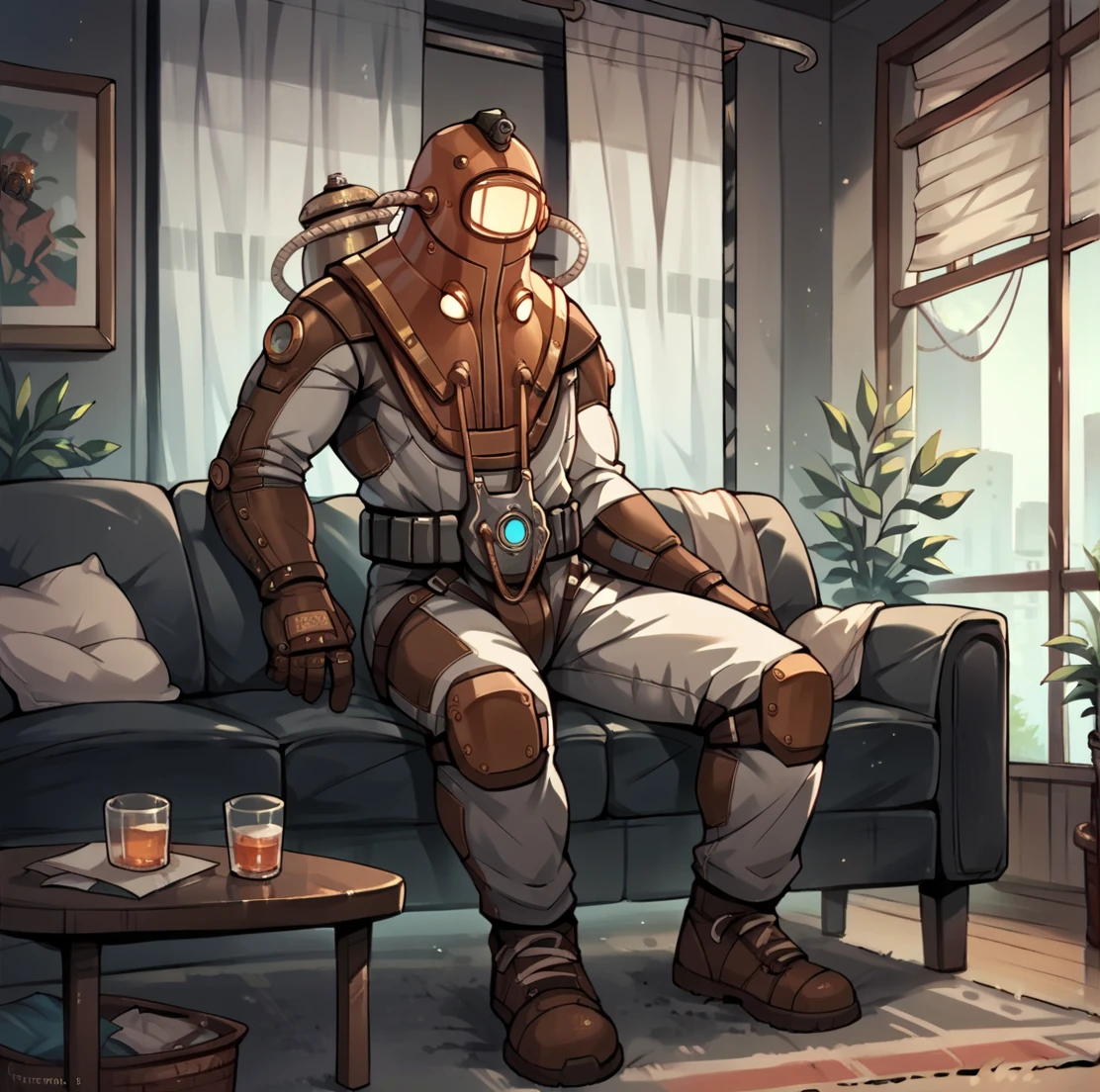 score_9, score_8_up, score_7_up, score_6_up, score_5_up, score_4_up,
 <lora:Subject_Delta_Bioshock_2_for_PonyXL:0.8>, 1boy, subjectd3lt4, diving suit, science fiction, solo, male focus, living room, sitting on couch,