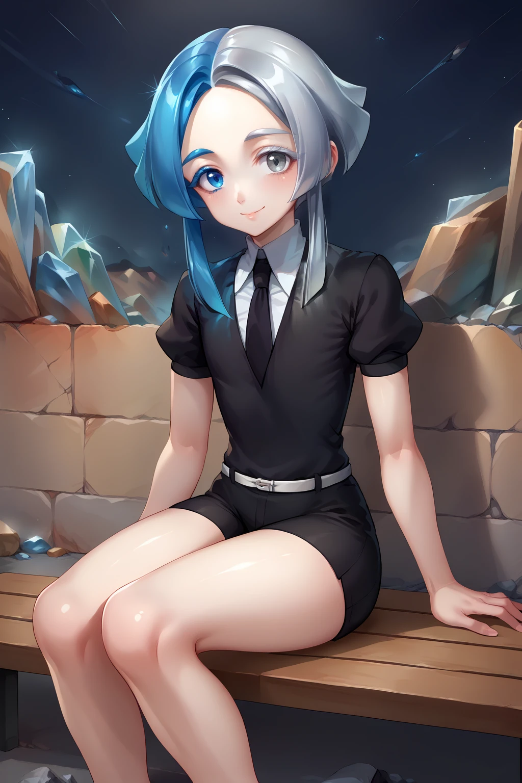 score_9, score_8_up, score_7_up, source_anime, looking at viewer, smile, hskecls, white skin, colored eyelashes, heterochromia, blue eyes, grey eyes, split-color hair, blue hair, silver hair, crystal hair, short hair with long locks, black shirt, puffy short sleeves, collared shirt, black necktie, white belt, black shorts, black footwear, sitting on bench, indoors, night, concrete, <lora:Hoseki_HousekiNoKuni_Euclase_PDXL_v1:1>