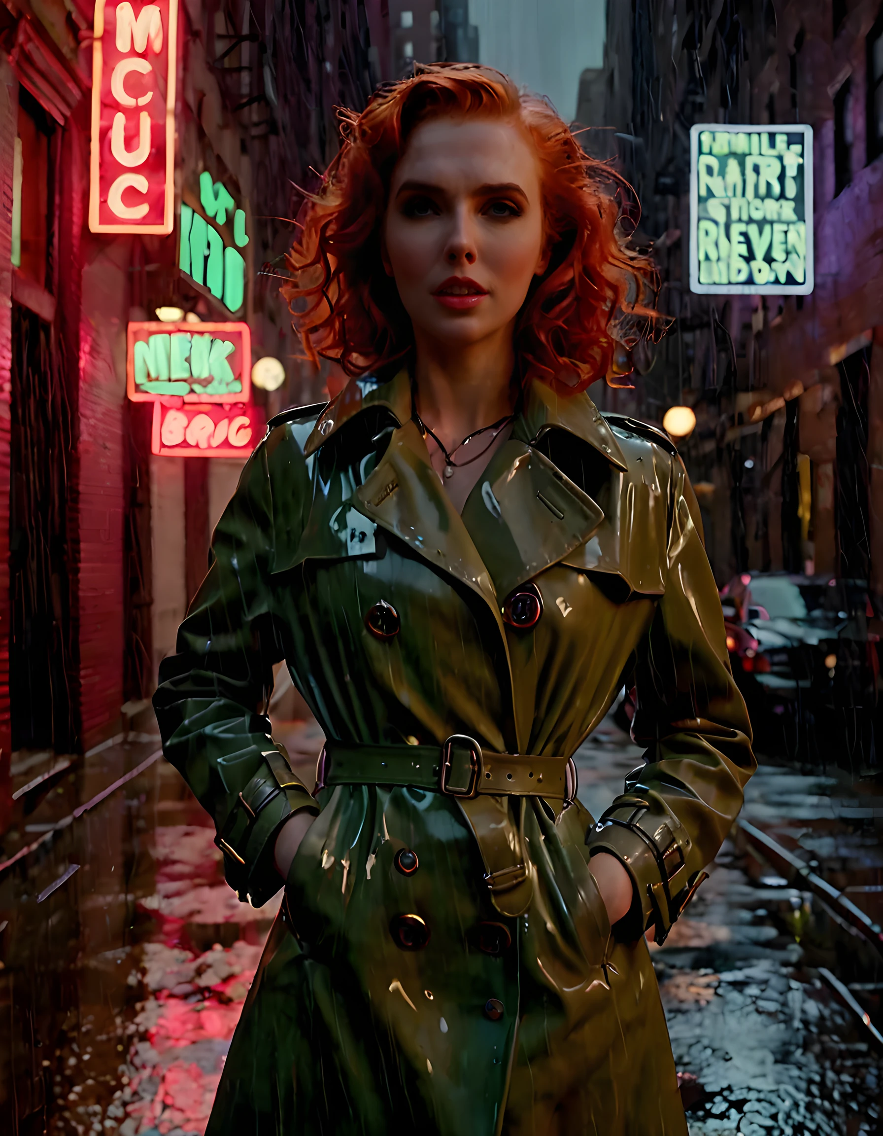 In a gritty, noir-inspired setting of a rain-soaked 1940s New York City alleyway, a captivating Lena stands with a defiant stance, her silhouette accentuated by the stark contrast between the soft glow of a single flickering neon sign and the inky darkness that envelopes the rest of the scene. Dressed in a fitted trench coat, the collar turned up against the chill rain, she clutches a vintage leather satchel close to her chest. Her fiery red hair cascades down her back in loose waves, dripping with rainwater, while her piercing green eyes reflect the dim light of the neon sign. The camera angles low and dramatic, capturing her from an oblique viewpoint that emphasizes her heightened emotions and the raw intensity of her gaze.