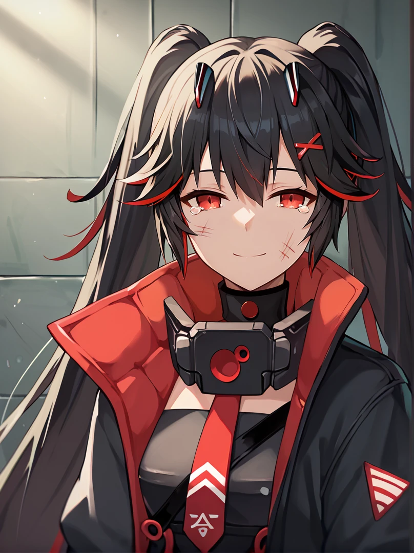 score_9, score_8_up, score_7_up, score_6_up, score_5_up, score_4_up, source_anime, plumebase, red eyes, twintails, very long hair, black hair, two-tone hair, x hair ornament,
black coat, high collar, open coat, black collar, red tie, dynamic angle, sleeping, closed eyes, horns,
BREAK face focus, scratches on face, light smile, volumetric lighting, looking at viewer, close-up, against wall, light rays, tired, metal wall, smile, leaning, upper body, tired, tears
<lora:luciaplume-step00001600:1>