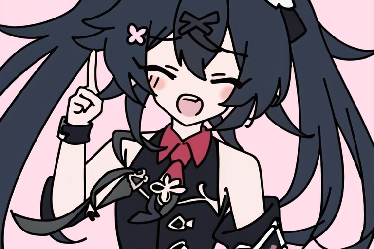 rabbithole,hutao,(best quality), ((masterpiece)), (highres),1girl, solo, >_<, pink background, open mouth, hair ornament, arm up, pointing, simple background, closed eyes, bangs, heart, necktie, chibi, upper body, index finger raised, bare shoulders, pointing up, sleeveless, v-shaped eyebrows, hairclip<lora:hutao:0.8>, (best quality), ((masterpiece)), (highres), (an extremely delicate and beautiful),
