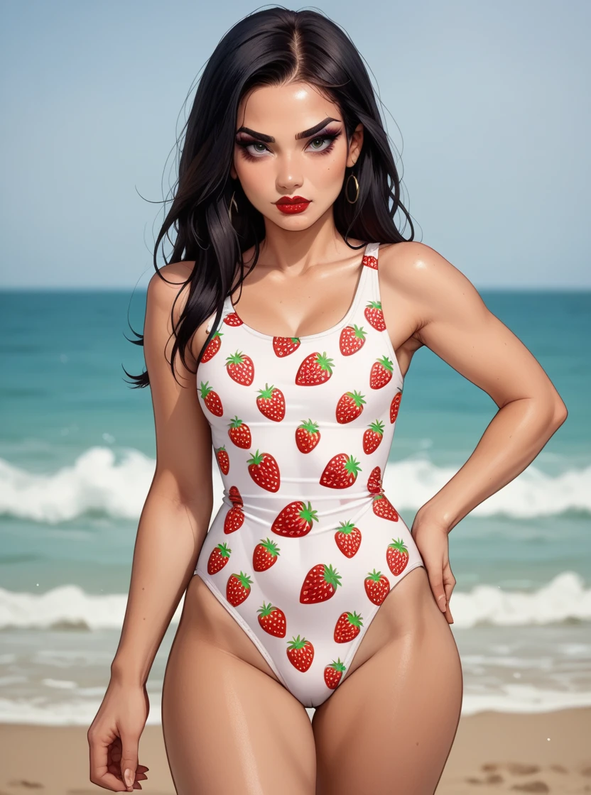 score_9, score_8_up, score_7_up, score_6_up, score_5_up, score_4_up, 1girl, solo, black hair, makeup, lipstick, hud_sb3rry, one-piece swimsuit, strawberry print, <lora:strawberry-000008:0.6>,