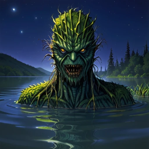 timjacobus, swamp thing monster, evil, portrait, focus on face, cartoon, horror theme, lake in background, night, <lora:Tim_Jacobus_Style_Goosebumps:1>