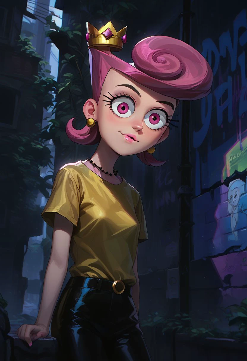 score_9, score_8_up, score_7_up, detailed, 
1girl, wanda (/Fairly OddParents)/,(ultra HD quality details), pink hair, pink eyes, pink lipstick, earrings,
yellow shirt, black pants, crown, solo, intricate details, chromatic aberration, realistic, sharp eyes, 
night, Low-key lighting, dark, against wall, brick wall, graffiti, dim lighting, alley, looking at viewer