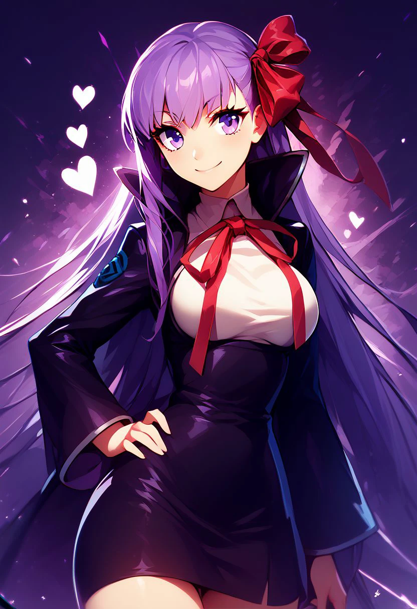 score_9, score_8_up, score_8, medium breasts, (curvy), cute, eyelashes,     
rating safe, 
BREAK,
zzBB, long hair, purple hair, purple eyes, bangs, ribbon, breasts, hair ribbon, smile, large breasts, very long hair, red ribbon, blush, neck ribbon,
 hand on hip, 
BREAK,
smile, looking at viewer, cowboy shot, 
abstract background, purple theme, hearts, 
zPDXL, Expressiveh